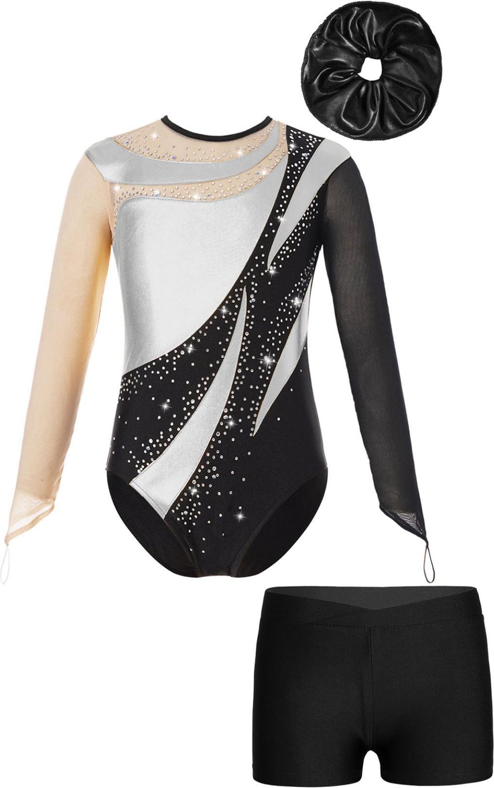 Barn Flickor Gymnastic Performance Outfit Mesh Långärmad Nyckelhål Rygg Glänsande Leotard med V-framkant Midjeband Shorts Hårband 7-8 Years