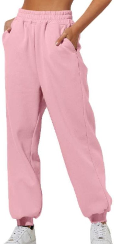 Vår och Höst Dam Byxor Hög Elastisk Midja Enfärgad Casual Byxor Mjuka Varma Fickor Lös Vår Höst Sweatpants Joggingbyxor XXXL rosa