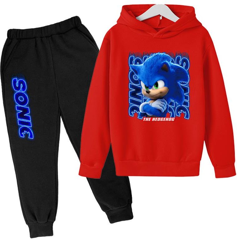 Varmt och bekvämt set för vintern Anime-serie Blå katt Färgtryckt Casual Hoodie Barnset 140cm röd