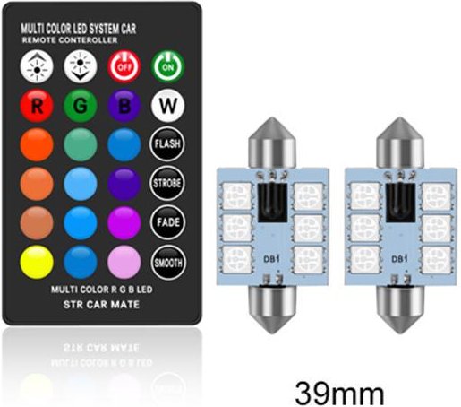 C5W LED RGB Festoon 31mm 36mm 39mm 42mm Bilinredningsljus med fjärrkontroll Flerfärgad Dome Light Läslampa Auto 12V 39mm - 2 bulbs 1 remote