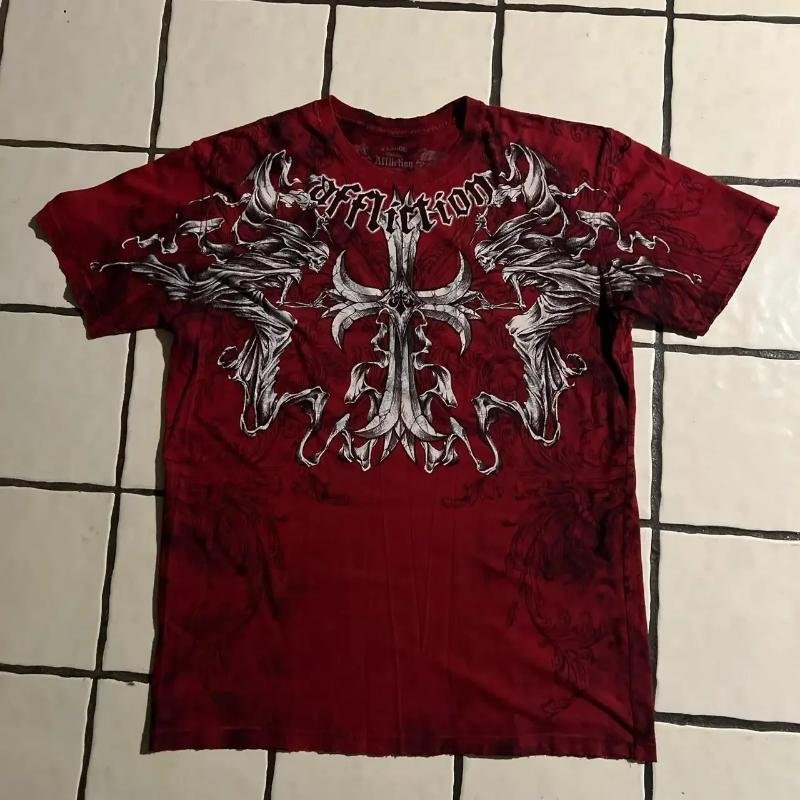 2025 Ny Affliction Röd tröja Harajuku Hip Hop Rundhalsad Överdimensionerad T-shirt Casual Toppar Herr Dam Kortärmad Gotisk Kläder S gray