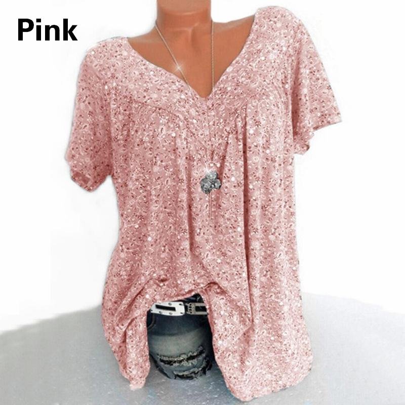 Kvinnor Lös tryckt kortärmad V-ringad Top T-shirt Casual Plus Size Summer 5XL beige