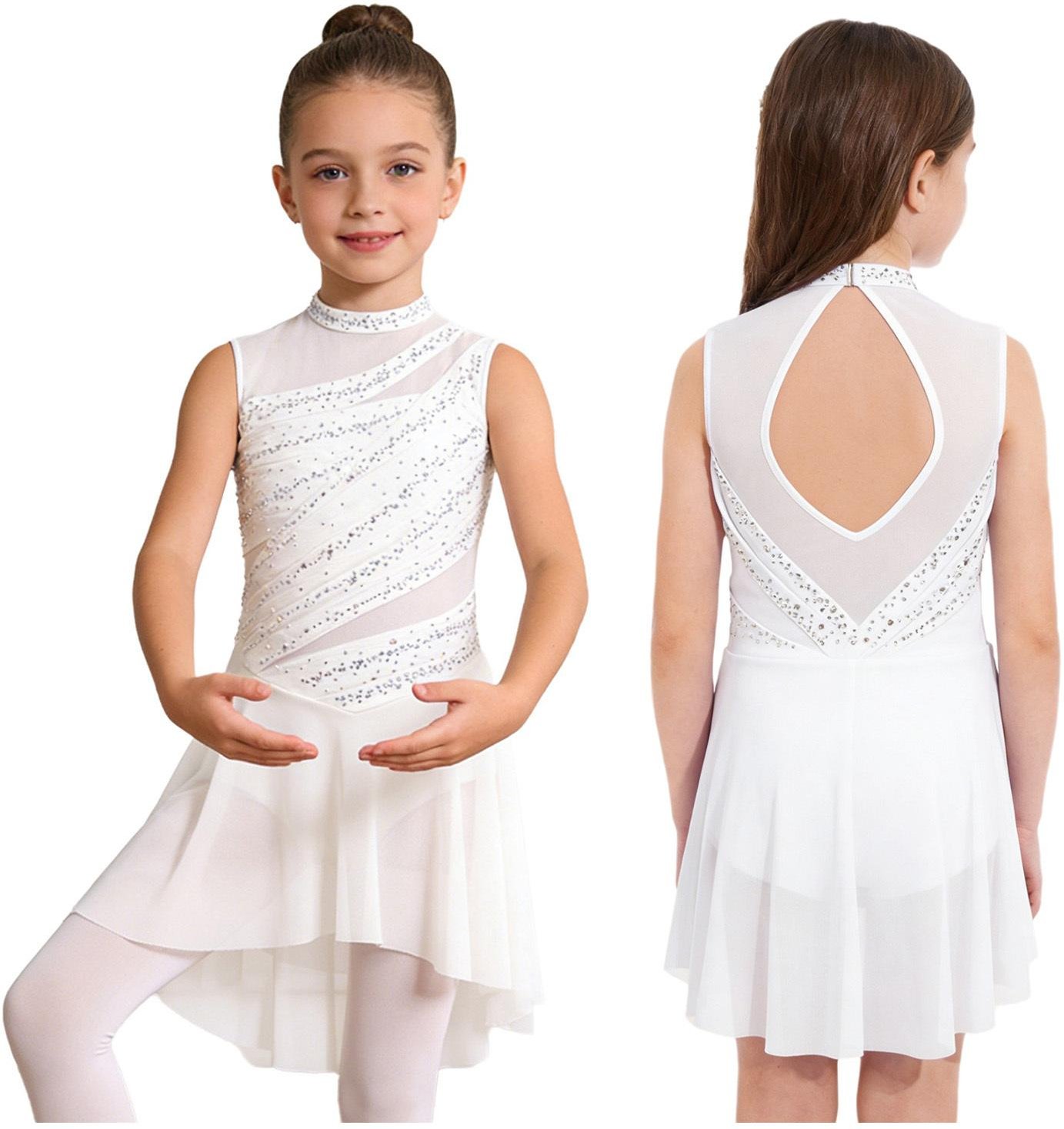 Flickors uppträdandeklänning Ärmlös Utskuren Rygg, Genomskinlig Mesh Patchwork Hög-Låg Fåll med Glänsande Strass för Lyrisk Dans 13-14 Years beige