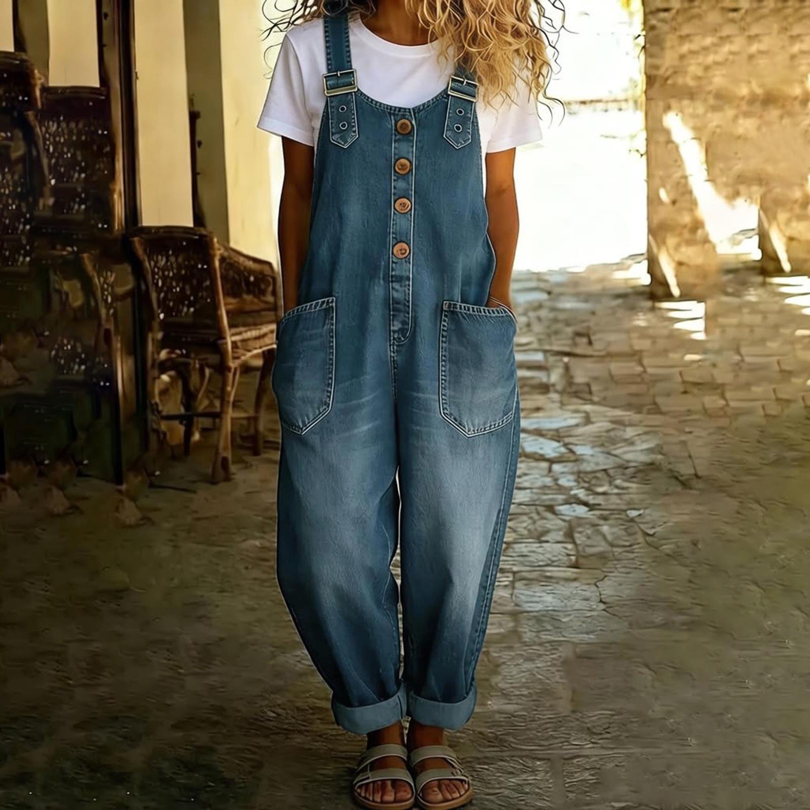 Damernas Casual Lös Passform Denim Jumpsuit med Retrodesign och Knappstängning M