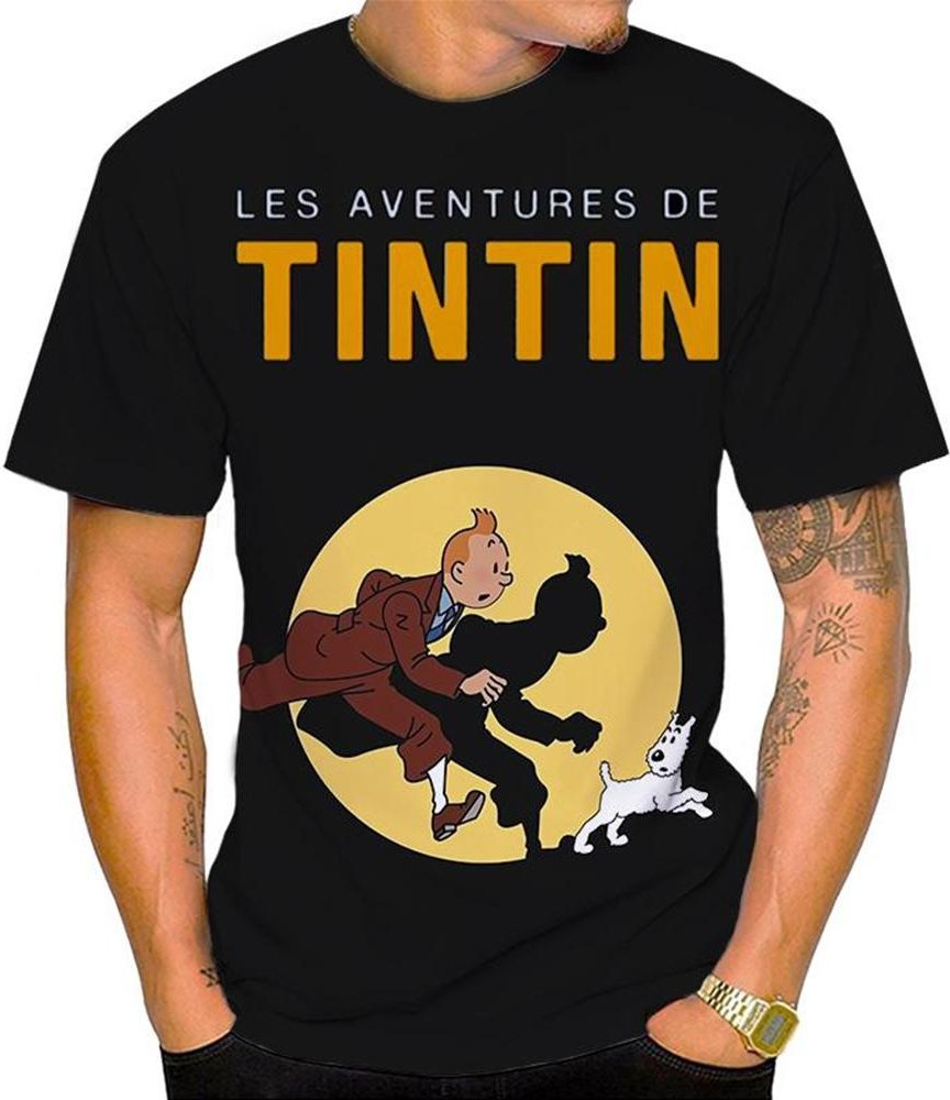 Sommar Rund Hals 3D Tecknad 'Tintins äventyr' Grafiskt Tryck Topp Trendiga Lediga Kortärmade Herr T-shirts 6XL beige