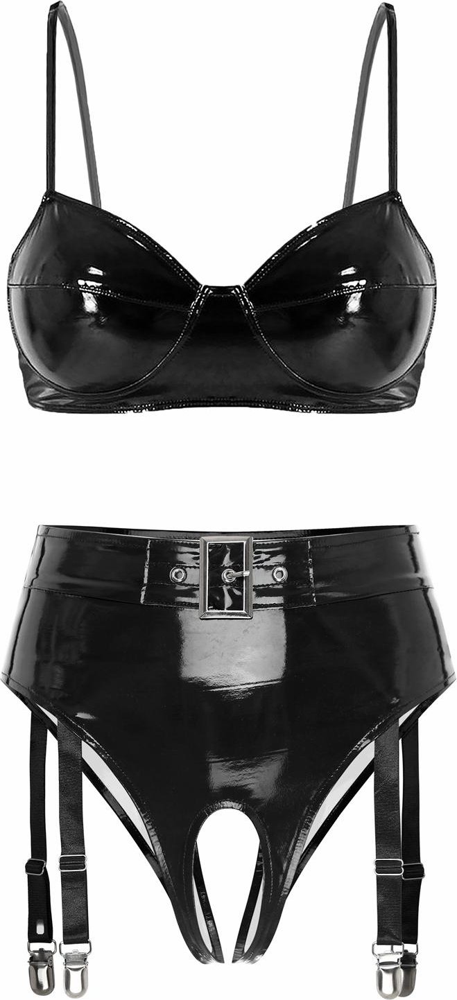 Damunderkläder 2st Set Wet Look Lack-BH med trosor Teddy Bikini Underkläder S