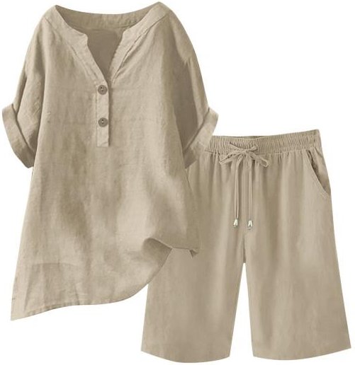 Bomull Linne 2-delade outfits för kvinnor Kortärmad V-ringad topp Vida ben Shorts Set Sommar Vardaglig Lös Lounge Set 3XL khaki