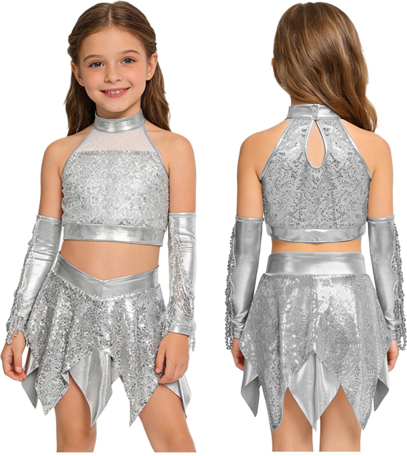 Barn Flickor Jazzdans Uppträdande Outfit Ärmlös Nyckelhål Bak Glittrande Paljetter Croptop med Asymmetrisk Metallisk Kjold och Paljettfransar Handskar 5-6 Years silver