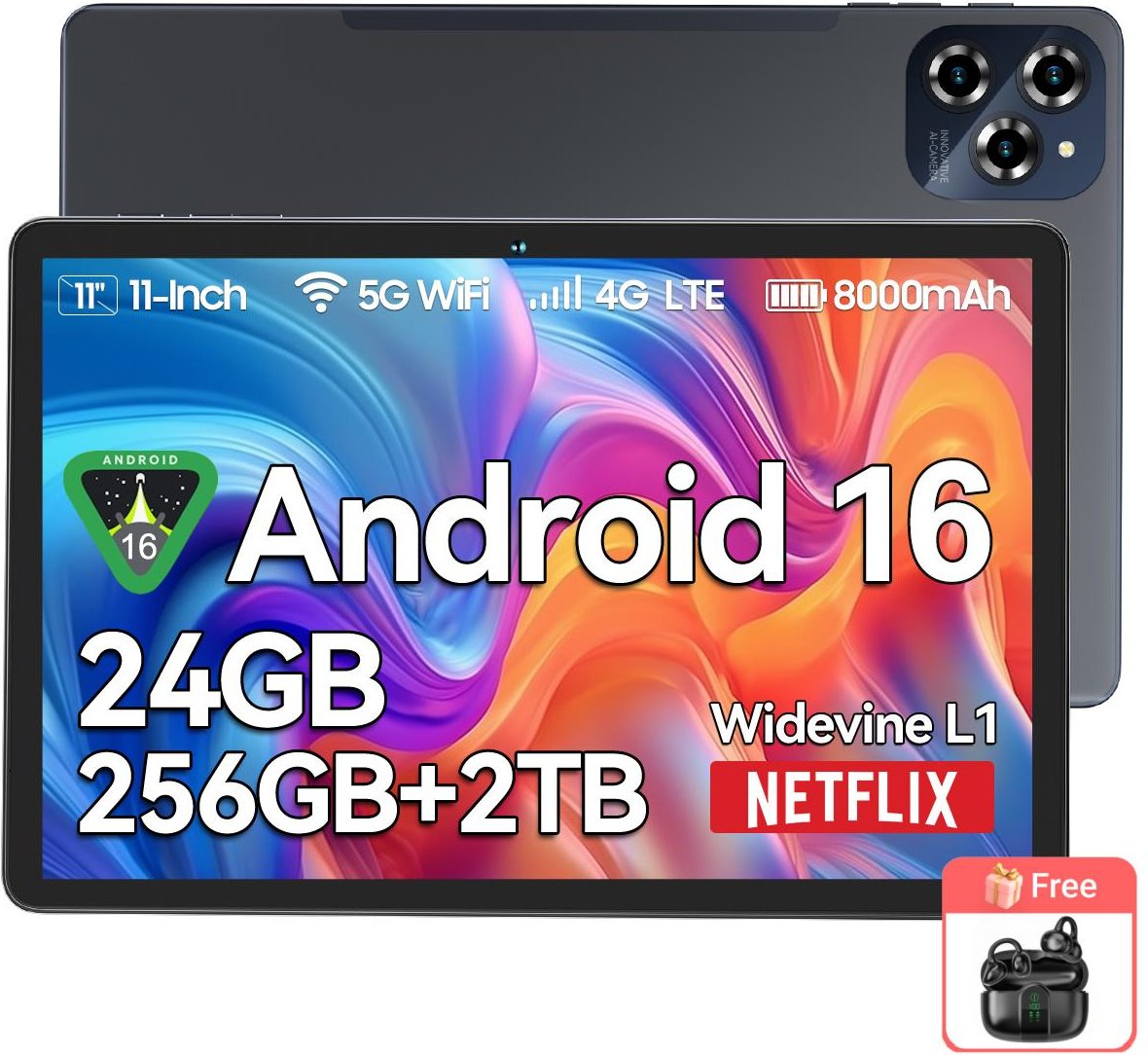 BESTTAB W90 11-tums surfplatta Android 16, 24 GB RAM 256 GB minne(2TB TF-minne),Stor skärm Widevide L1, Octa-core T615, 8000mAh, 5G WiFi, 4G LET, 18W With 1*AIRBUDS 15 grå