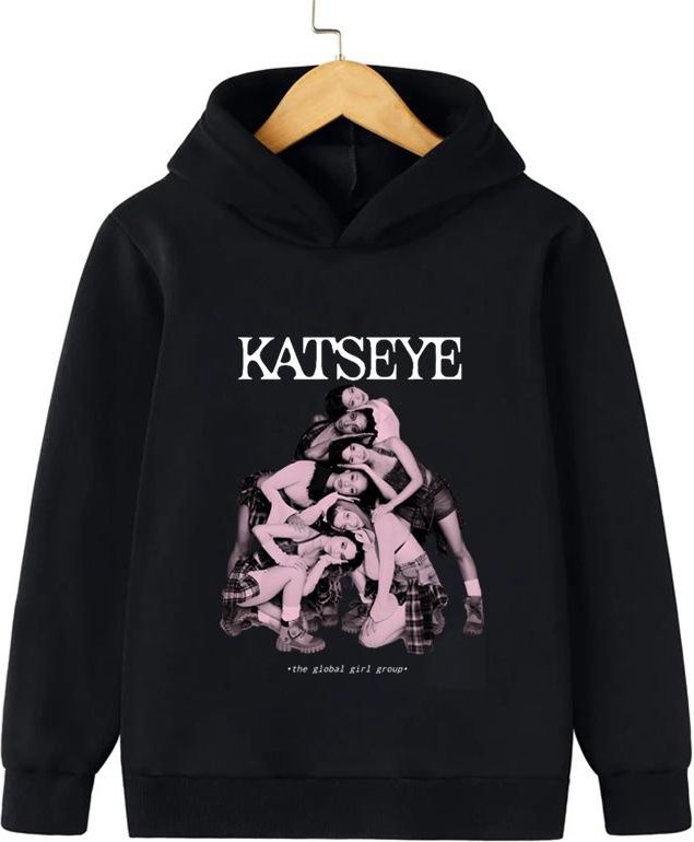 Tjejgrupp KATSEYE Huvtröja Flickor Pojkar Träningsställ Huvtröja Höst Långärmad Tröja Katseye Kpop Barn Casual Toppar 120 black