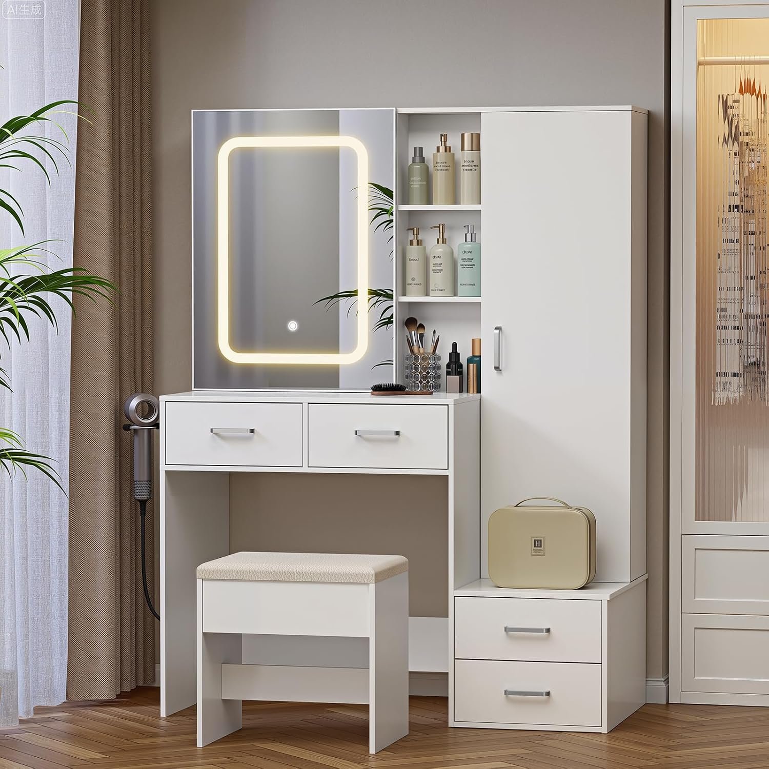 Sminkbord med spegel och 1 förvaringsfack – Justerbar LED-ljusstyrka, 3 färger – Modernt sminkbord med 4 lådor