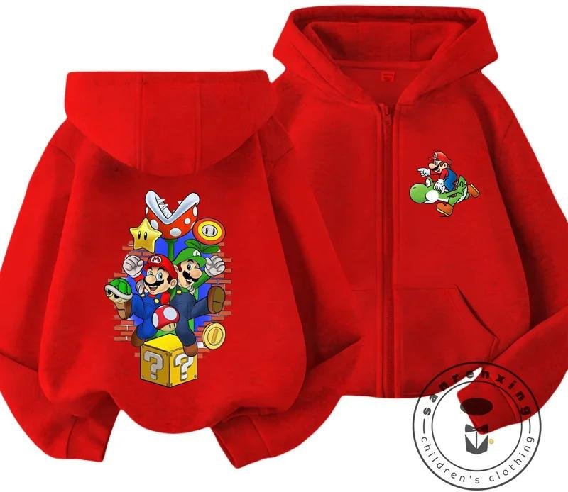 Barns Mario Zip-up Hoodie med Retro Speltryck, Lämplig för Utomhus Casual Stil, Bekväm och Prisvärd Streetwear 140 red