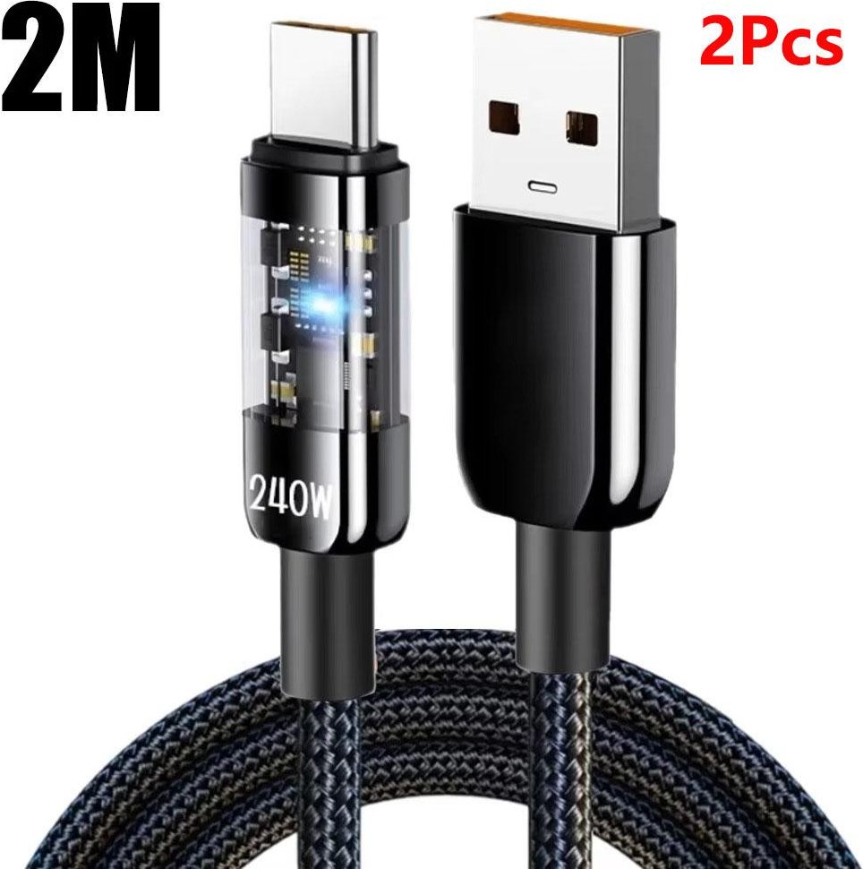 240W Supersnabb Laddningskabel USB C-gränssnitt Nylonflätad Transparent Typ C Höghastighetsladdningskabel Snabbladdning Datakabel 2m-2pcs black