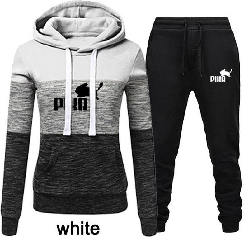 Dammode 2st Träningsoveraller Färg Patchwork Träningsoverall Kvinnlig Långärmad Luvtröja Joggingbyxor Sport Huvtröjor Set L gray