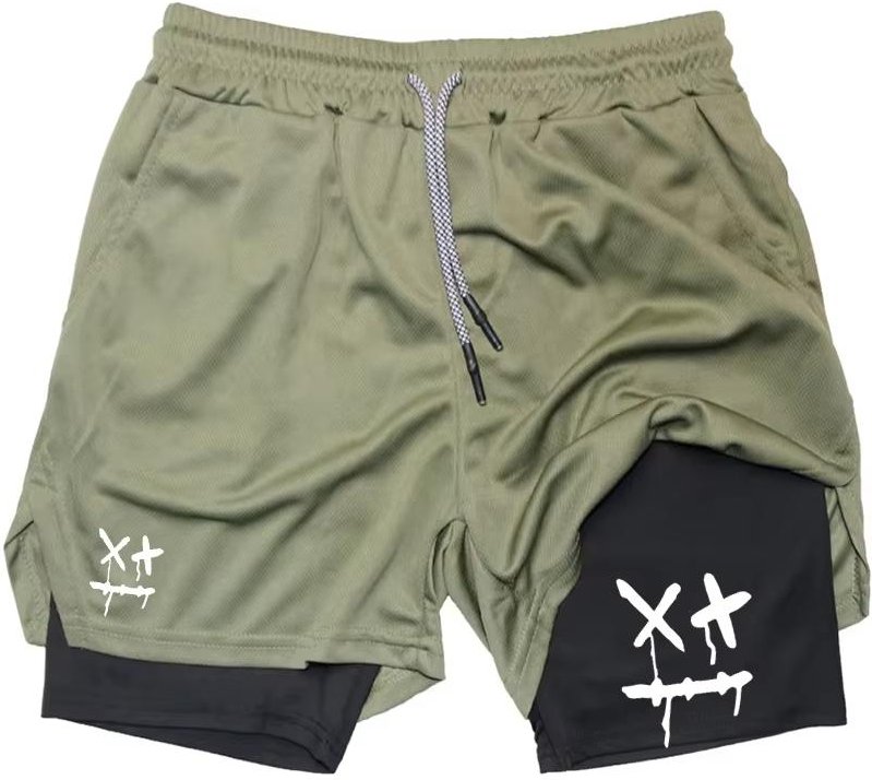 2-i-1 Träningsshorts för Män Snabbtorkande med Ficka för Telefon Handduksögla Gym Löpning Fitness Kompression JW10102 L gray