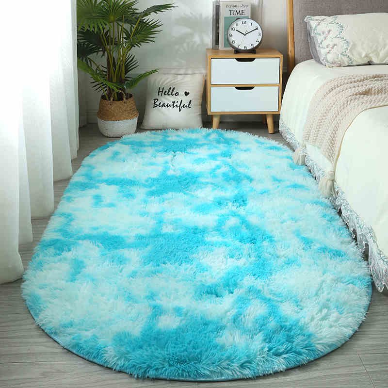Oval fluffig matta Shaggy matta Sängmatta Söt färgglad vardagsrumsmatta Långt hår matta Heminredning 140x200cm himmelsblå färg/vit