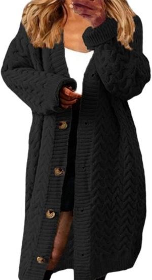 Långärmade knappar Stängning Dam Cardigan Lång Enfärgad Twist Stickad Kappa Ytterkläder 2XL black