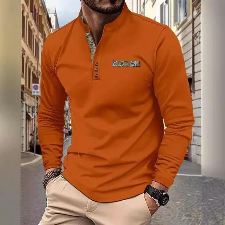 Herr vår och höst herr ståkrage pikétröja avslappnad sport långärmad Henley-tröja M