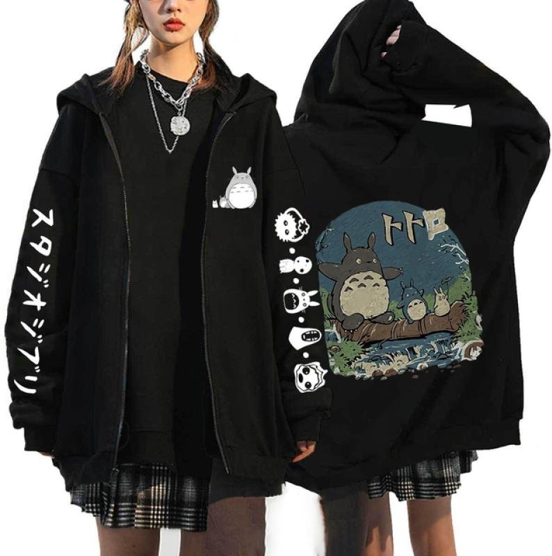 Anime Totoro Sweatshirts Män och kvinnor Dragkedja Jackor Huvtröjor Casual Hip Hop Zip Up Hoodie S gray