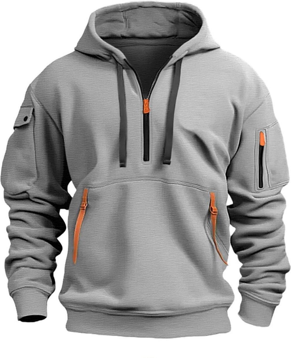 Vår och höst herrtröja luvtröja dragkedja Pullover med flera fickor för män Sport fritidsjacka L ljusgrå färg