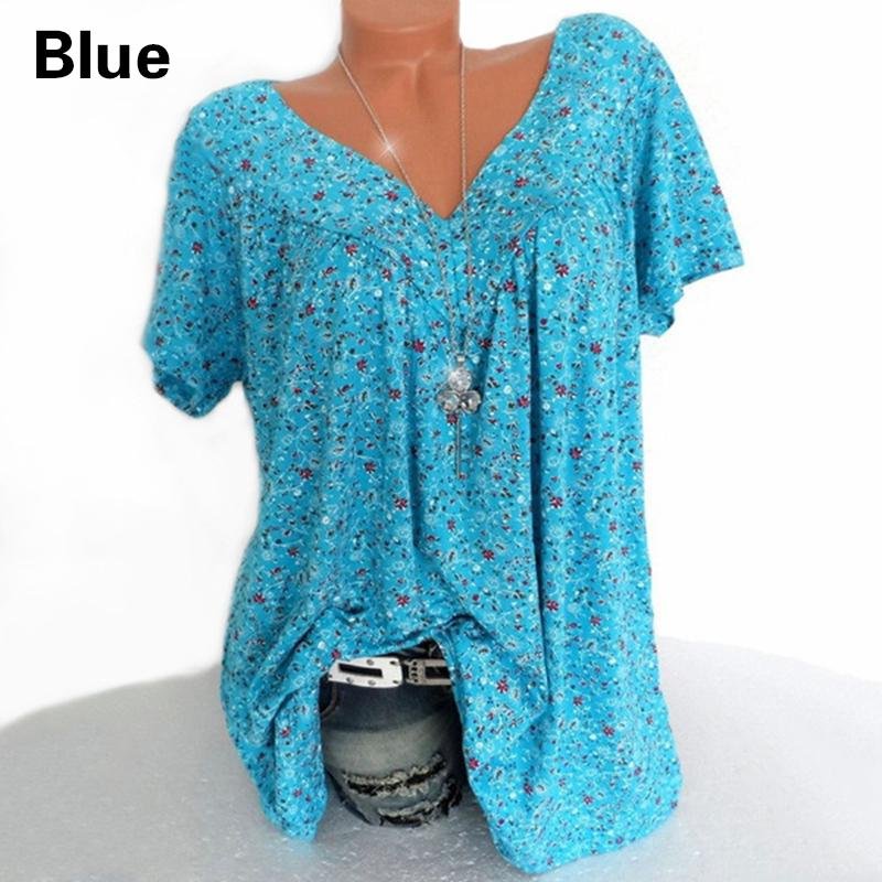 Kvinnor Lös tryckt kortärmad V-ringad Top T-shirt Casual Plus Size Summer 3XL