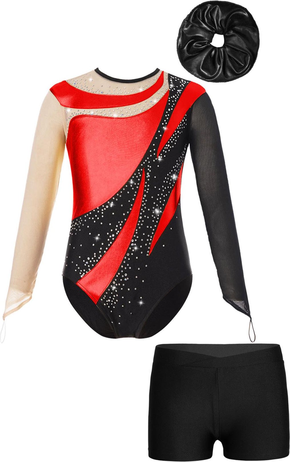 Barn Flickor Gymnastic Performance Outfit Mesh Långärmad Nyckelhål Rygg Glänsande Leotard med V-framkant Midjeband Shorts Hårband 11-12 Years