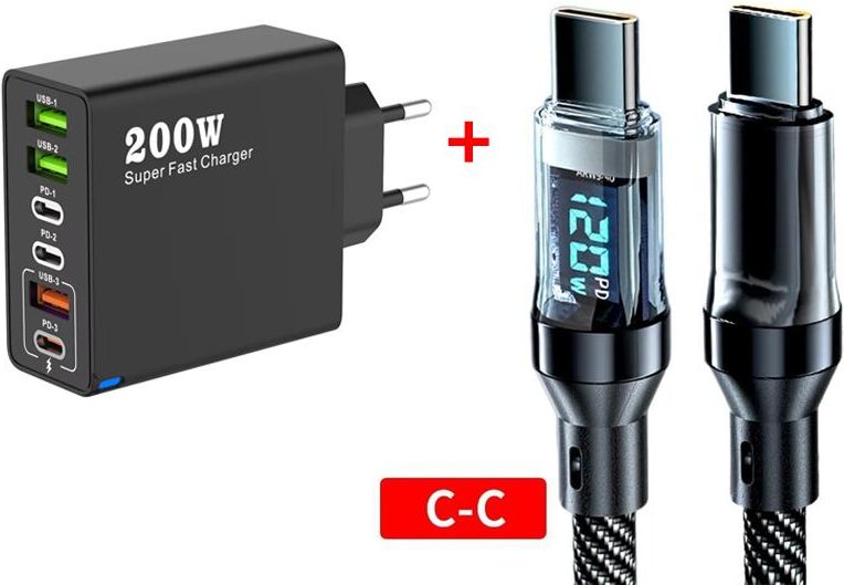 6 i 1 Totalt 200W USB Typ C Mobiltelefonladdare USB3.0 PD3.0 Supersnabb Laddningsnätadapter för iPhone Xiaomi Samsung eu plug svart