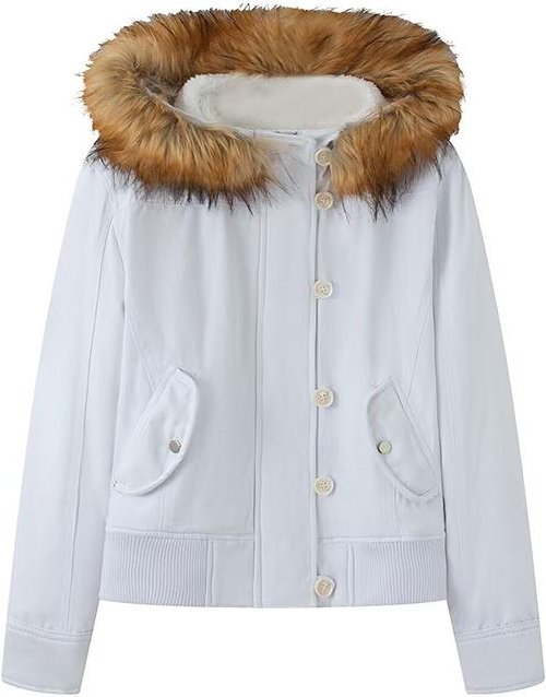 Y2K Fodrad Jacka Vintage Damjacka med Huva och Fuskpäls samt Ribbade Muddar Casual Kort Jacka L white
