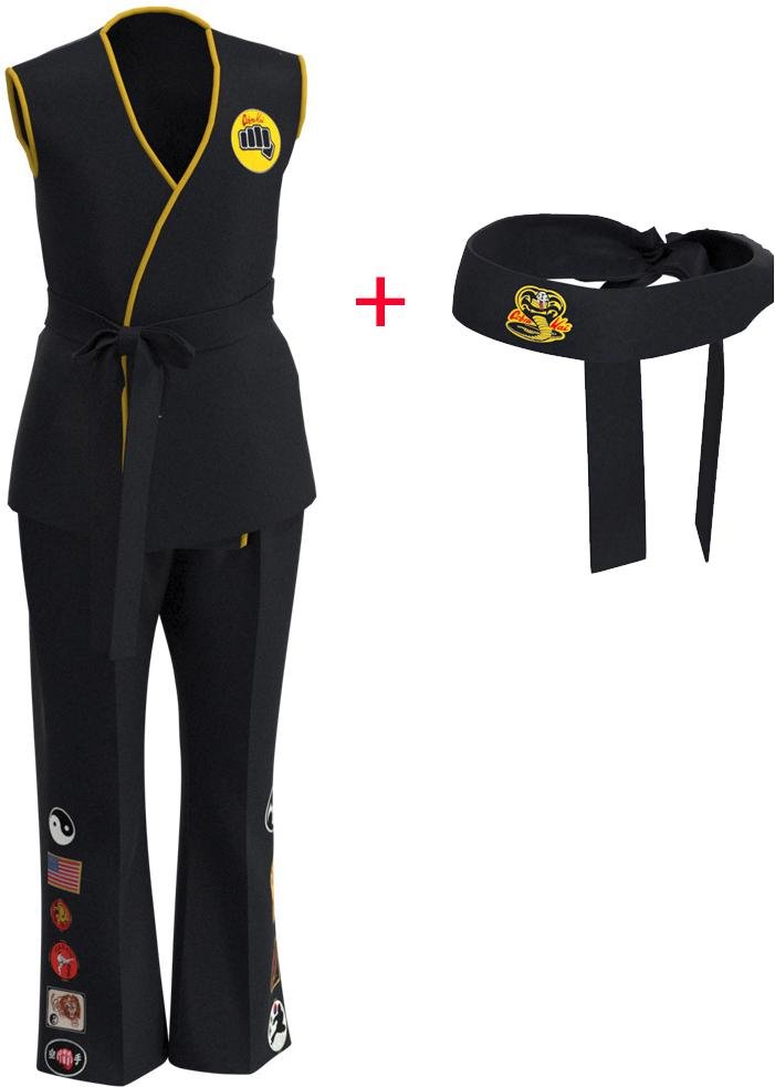 Karate Kids KOF Cobra Kai Cosplay Kostym Barn Vuxen Svart Vit Kimono Uniform Pannband Anime Halloweenfest Kostym Träningsdräkt as the picture-Kids 120-130cm&Cobra Kai black