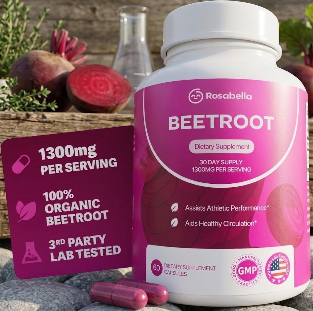 Rosabella Ekologiskt Rödbeta Kosttillskott 1300mg – Stödjer Atletisk Prestation & Hälsosam Cirkulation – Testat av Tredjepartslabb (60 kapslar) 1pack