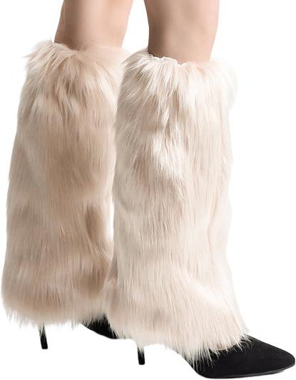 1 par benvärmare i fuskpäls för kvinnor, flickor, plysch mjuka stövlarmuffar Fluffig lurvig benärm för vintervärme 30cm beige