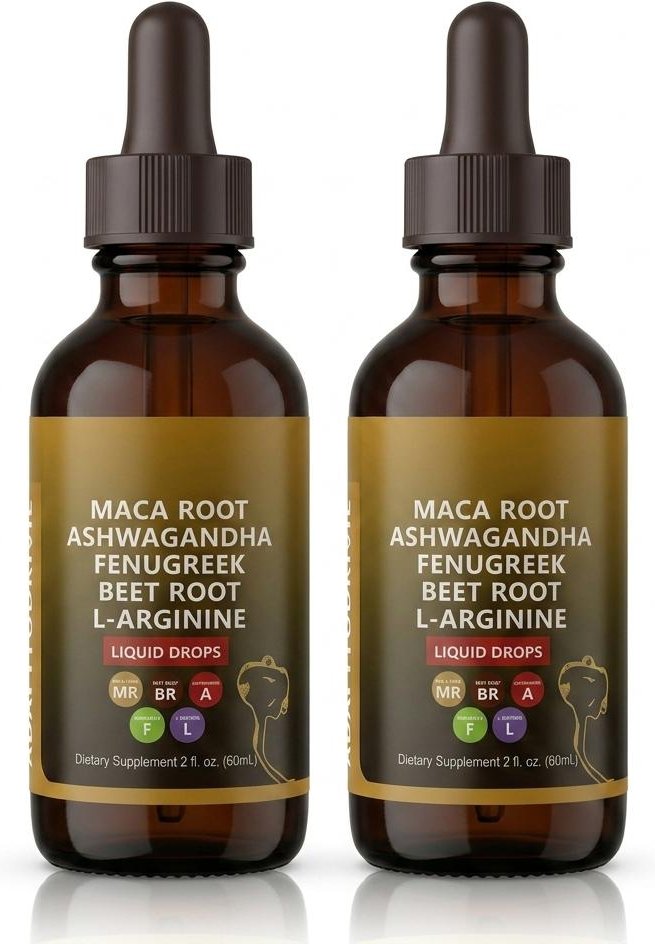 Flytande Macarotextrakt med Ashwagandha, Bockhornsklöver, Rödbetsrot och L-Arginin Flytande Multivitamin för Kvinnor och Män 2pack