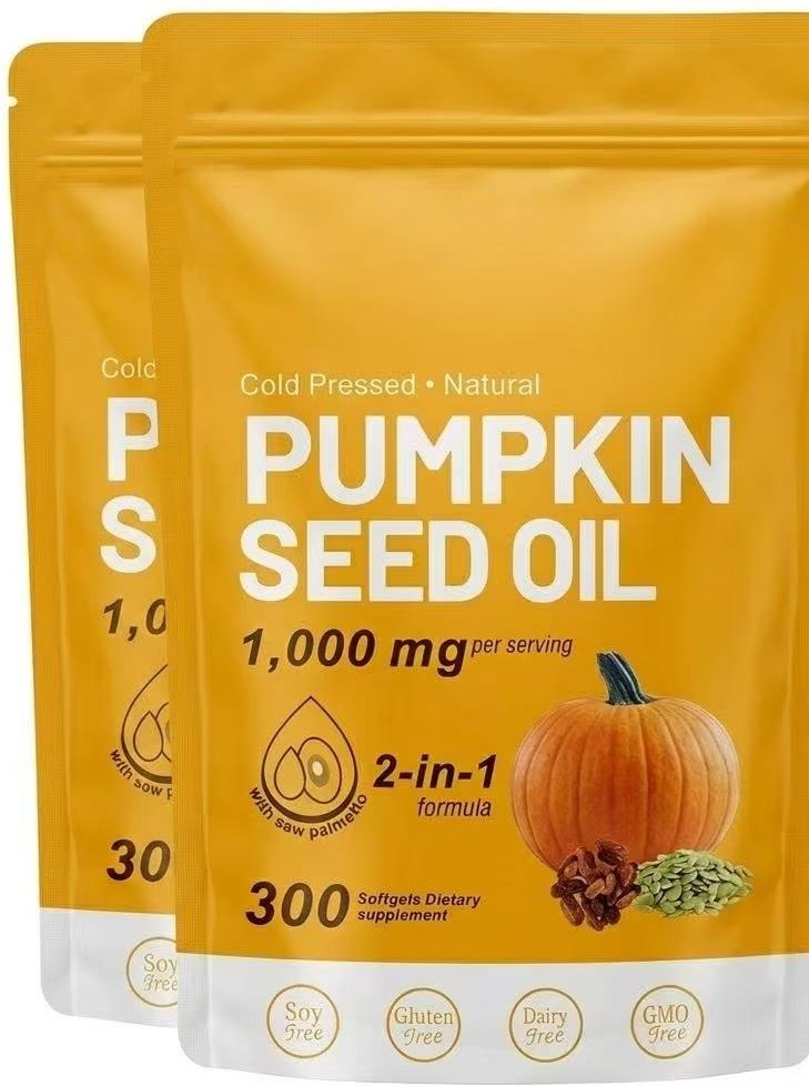 Naturlig pumpakärnolja och sågpalmetto mjukgel 1000 mg högt innehåll av växtestrar 300 kapslar 2PACK