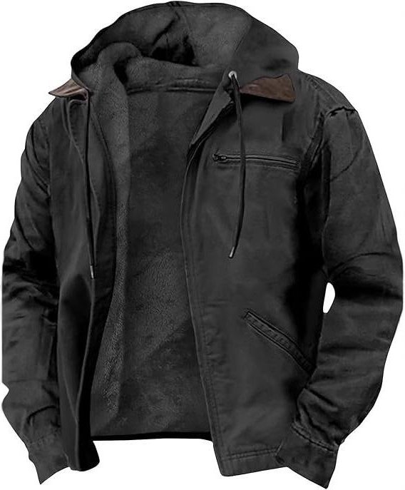 Herrhöst Vinter Casual Huvförsedda Dragkedja Enfärgade Fleecefodrade Varma Jackor Manliga Flera Fickor Utomhus Huvtröjor Rockar Ytterkläder 4XL svart