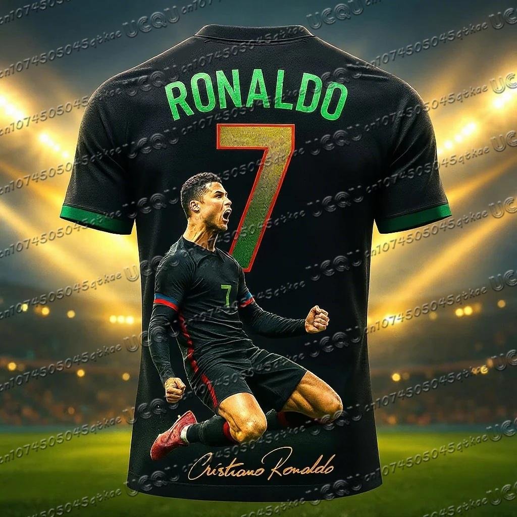 Fotbollströja 3D-tryckt NR 7 Ronaldo Pojkar Flickor Träning Barn Sport Andningsbar Kortärmad Barn T-shirt 150 black