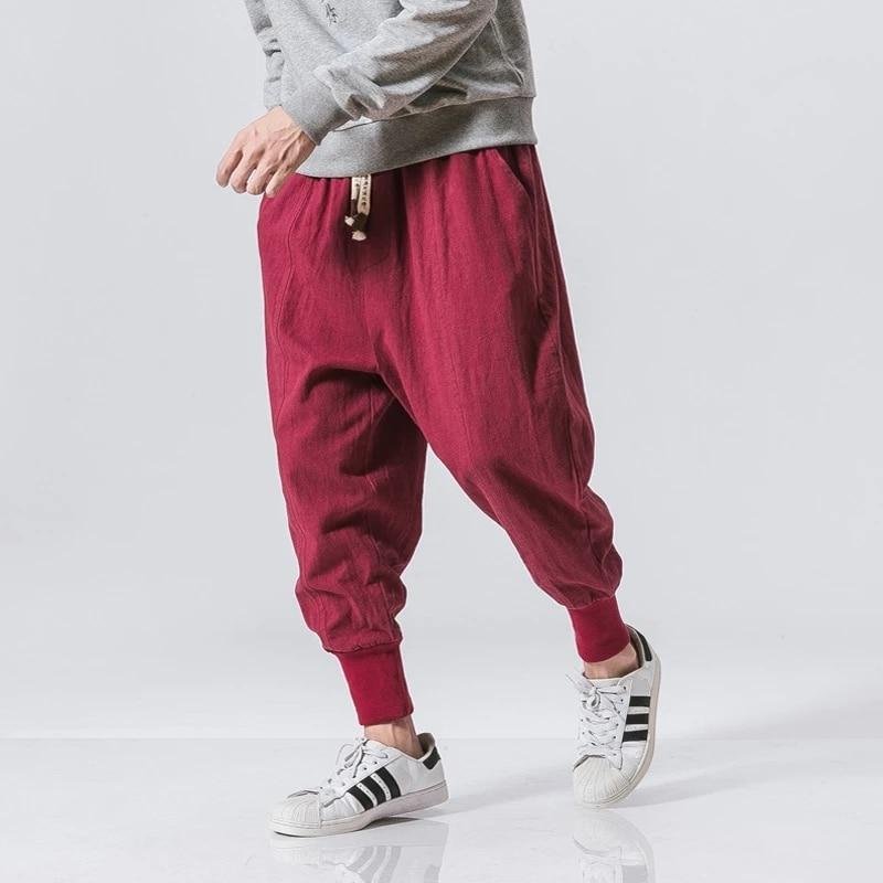 Bomull Linne Haremsbyxor Herr Solid resår i midjan Streetwear Joggingbyxor 2022 Nya Baggy Drop-Carch Byxor Fritidsbyxor Herr XL brown