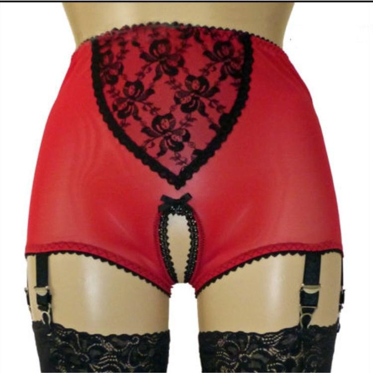 Retro Transparent Spets Mesh Öppen Gren Sexig 6-Strumpebandshållare för Kvinnor Large