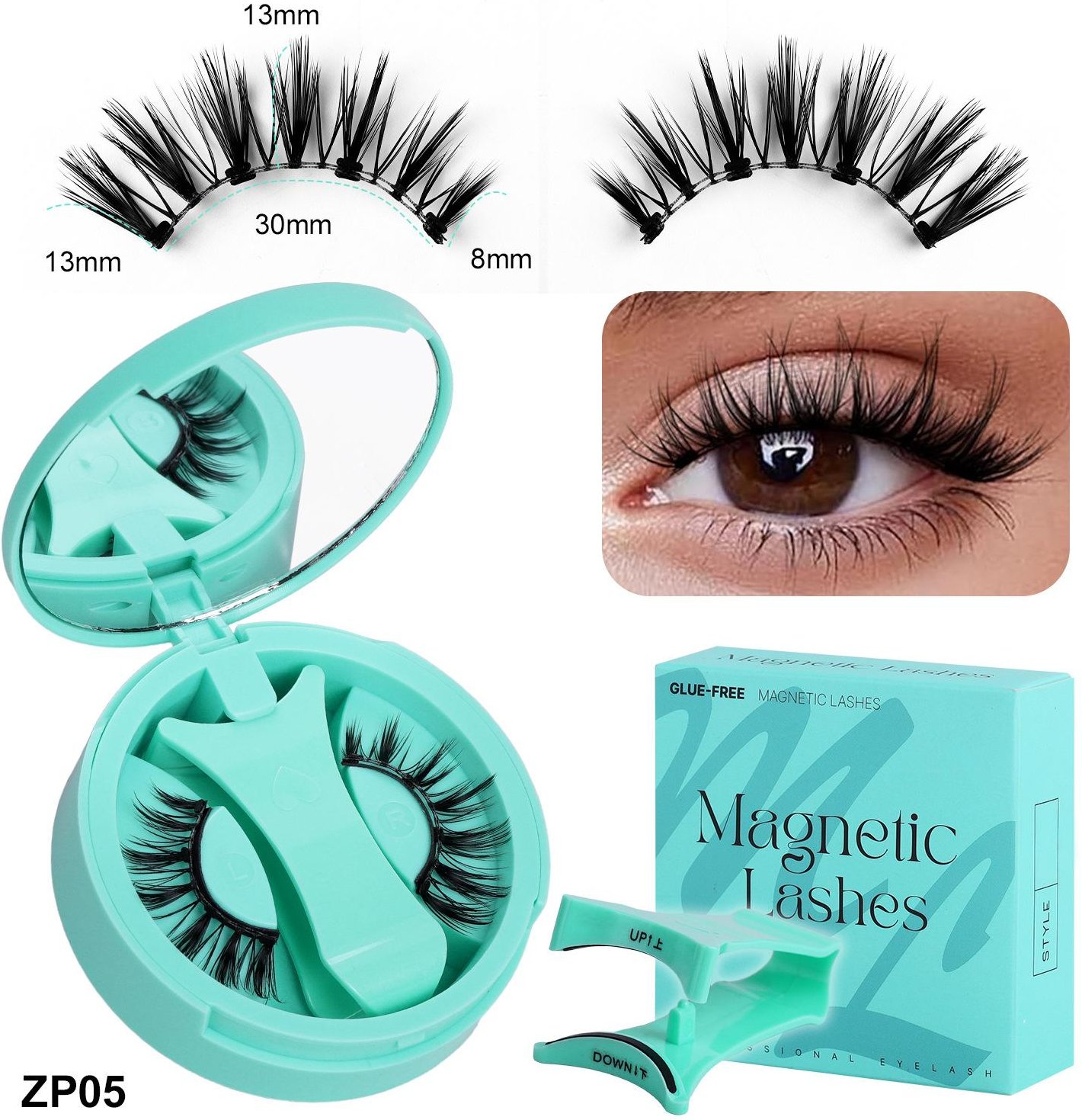 Bärbart set med 3D-magnetiska ögonfransar – Naturliga och voluminösa lösögonfransar, limfria och återanvändbara, enkla att applicera ZP05-Feather Fan Style（