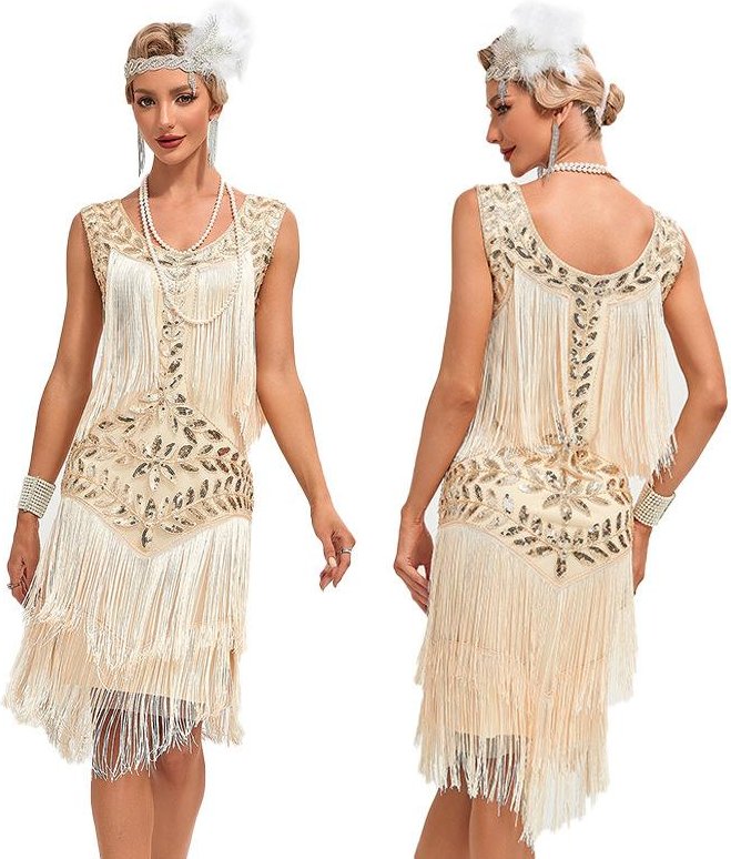 Vintage Gatsby balklänning, rundhalsad paljettbroderade hängslen Klänning i stor storlek L gyllene