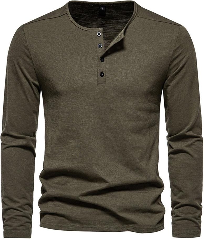 Långärmad t-shirt för män i bomull Slim Fit bottentröja Fitness Toppar T-shirts Knapphals Casual Mysig t-shirt L armégrön färg