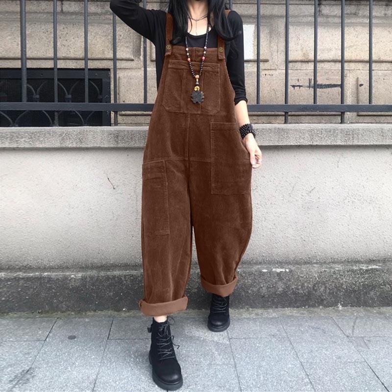 ZANZEA Vår Höst Vintage Corduroy Jumpsuits Dam Lösa Casual Dungaree Straps Overall L