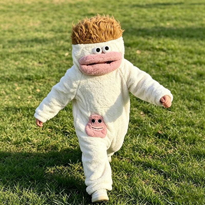 Barnens Pyjamas med Stor Mun Monster Rolig Pyjamas med Korallfleecefoder Barnens Nya Tecknade Pyjamas med Huvuva 110-130cm height vit