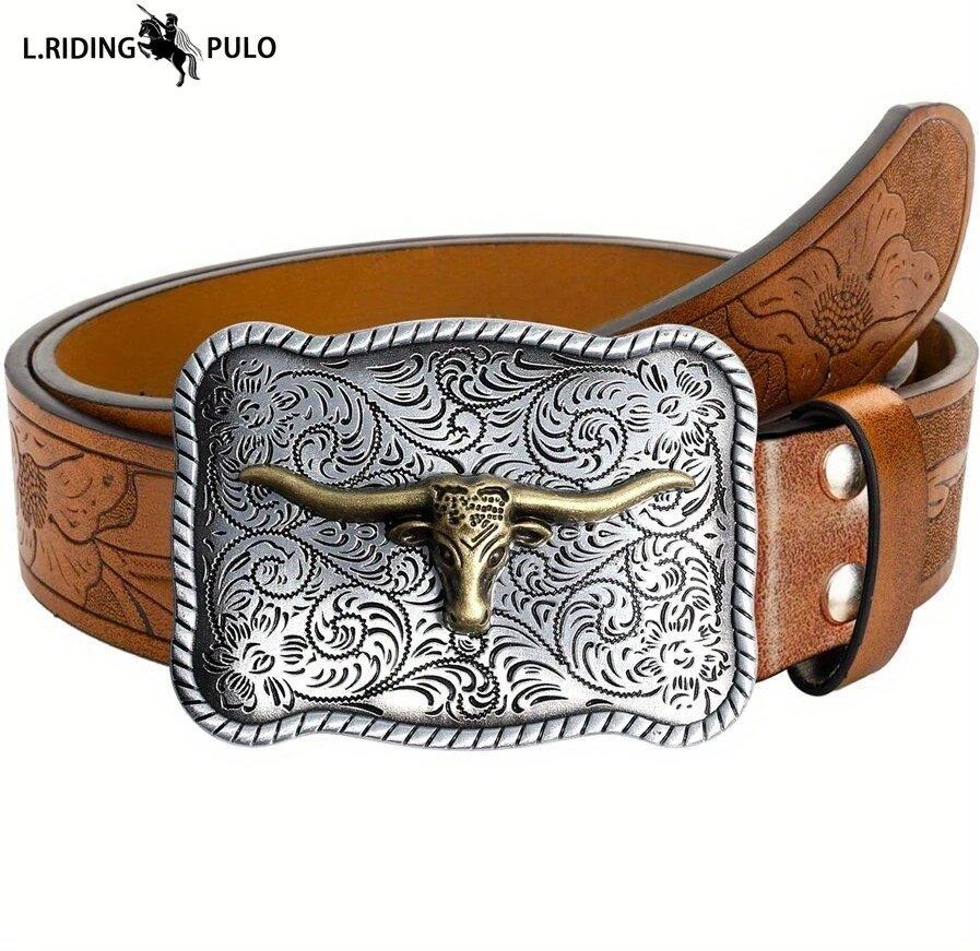 Herr Västlig Cowboybälte Tjurskalle Spänne Retro Präglat Läderbälte Trend 105cm gray