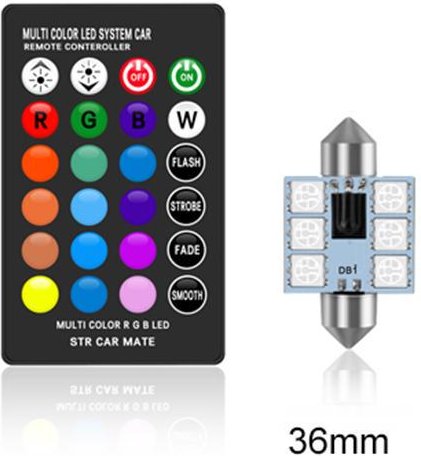 C5W LED RGB Festoon 31mm 36mm 39mm 42mm Bilinredningsljus med fjärrkontroll Flerfärgad Dome Light Läslampa Auto 12V 36mm - 1 bulbs 1 remote