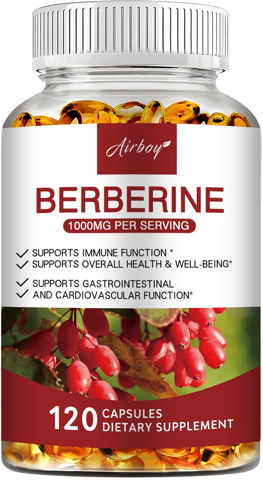 Premium Berberin, 1000 mg, Stödjer Kardiovaskulär Hälsa och Allmänt Välbefinnande, 120 Kapslar 120 white