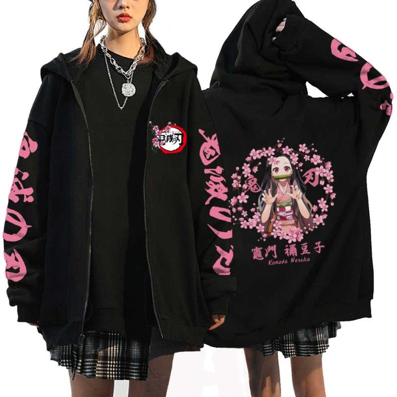 Anime Demon Slayer Hoodies Kamado Nezuko Print Zip Up Jacka Hip Hop Streetwear Sweatshirts Dam Harajuku Casual Coats Y2K Toppar XL
