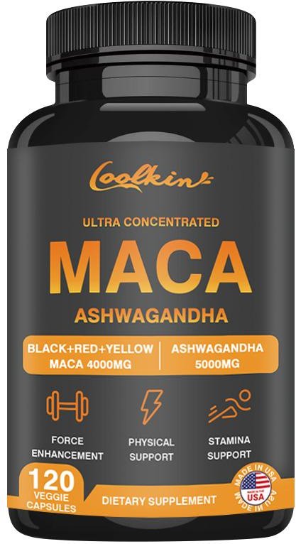 Rena extrakt av Ashwagandha och Maca, 5000 mg per portion, innehåller Rosenrot och L-teanin, lämplig för både män och kvinnor. 120 black