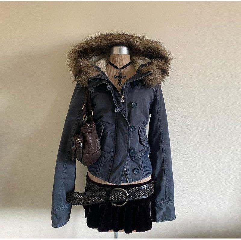 Dam Höst Vinter Vintage Avtagbar Päls Krage Denim Fickjacka Slim Fit Y2K Kavaj Street Chic Ytterkläder Varm Kappa 2025 L blå