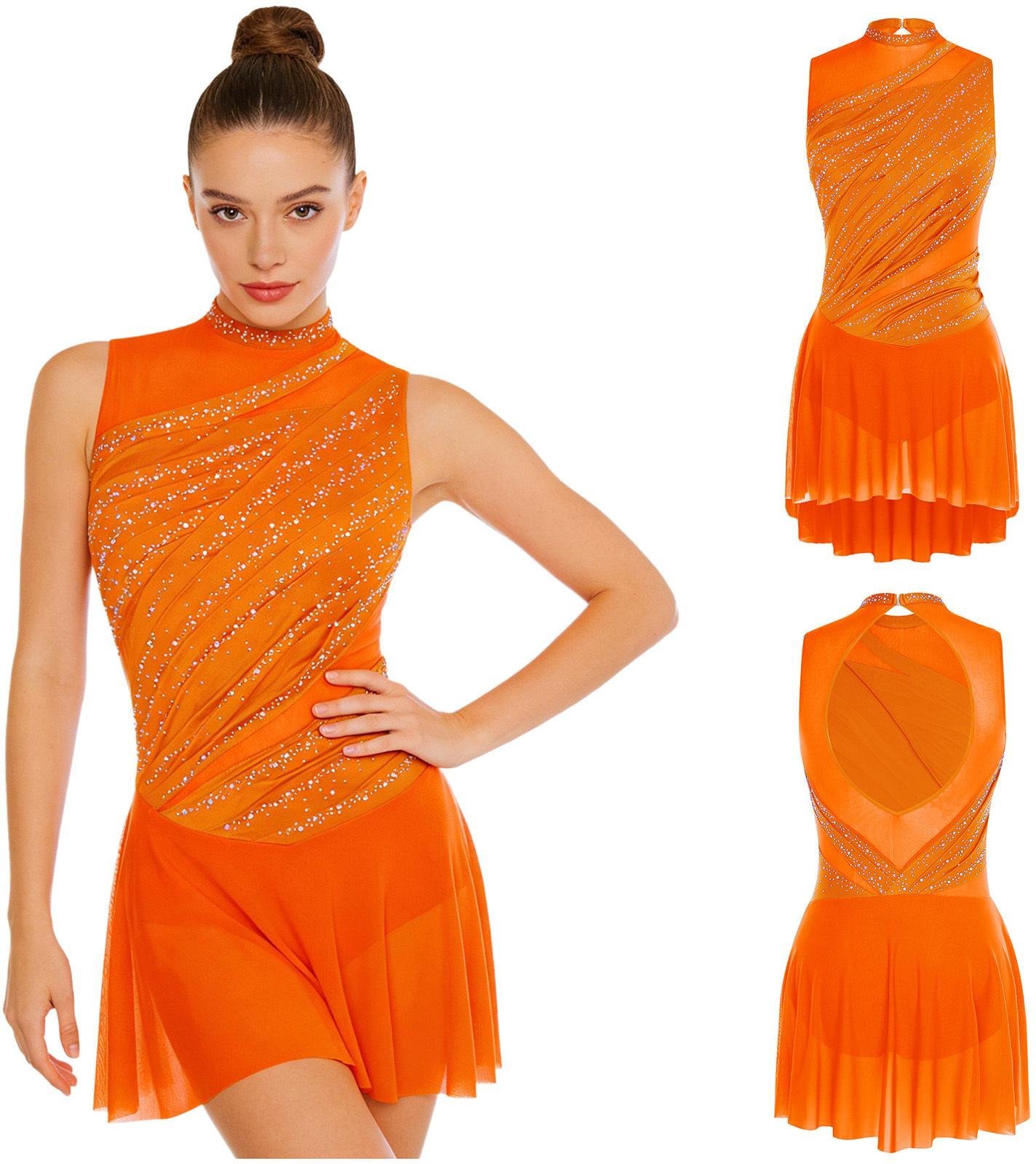 Damgymnastik Latin Konståkning Balett Dräkt Ärmlös Strass Bodysuit Tango Chacha Uppträdande Danskläder XXL orange