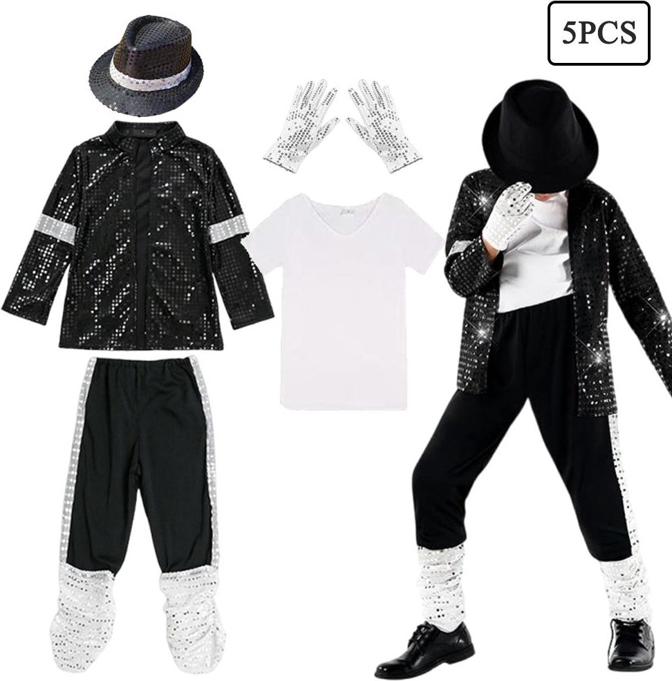 Barn Halloween Cosplay Kostym Pojkar Dansuppvisning Performance Fest Michael Jackson Karneval Popstjärna Kostym 7-8T(140) black
